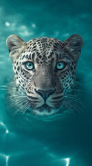 leopard swimming in turquoise water