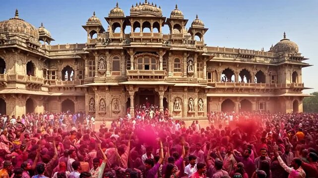 A vibrant Holi celebration unfolds in front of a grand, ornate palace under a clear blue sky