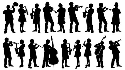 “Silhouetted ensemble of diverse musicians arranged symmetrically in a flat grid layout, all in performance poses with various classical and jazz instruments, on a stark white background.”