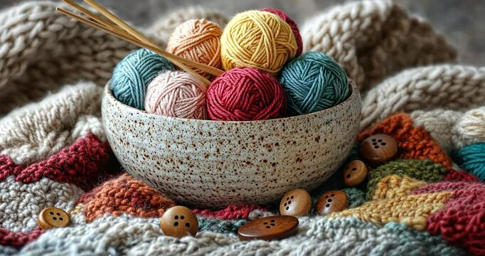 Colorful yarn balls in a bowl with knitting needles and buttons on a knitted blanket.