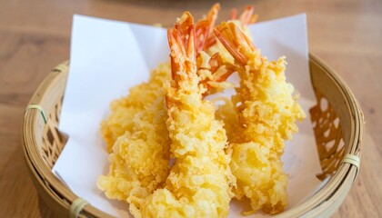 tempura shrimps in wood basket on the table 