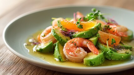 Fresh shrimp and avocado salad with orange slices and herbs on a stylish plate
