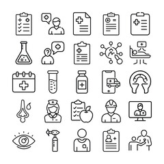 Medical Icons Set Healthcare Doctors Patients and Medical Equipment in Outline Style