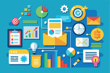 Colorful digital icons representing business concepts and productivity tools arranged creatively on a blue background