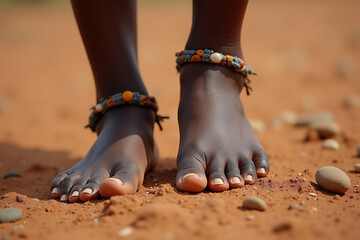 African woman feet.Bare feet of an African woman walking on dry soil, anklets gently swaying. AI-generated