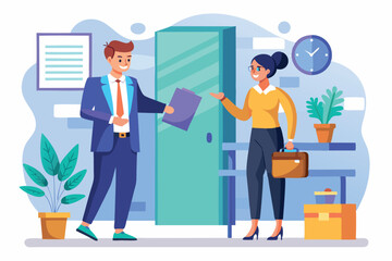 Fototapeta premium Business meeting between two professionals in a modern office setting with plants and a clock on the wall