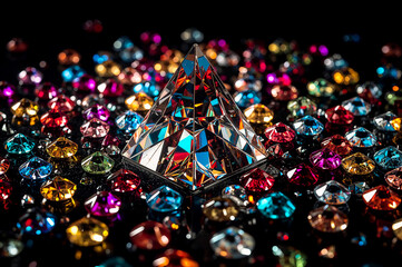 Vibrant geometric pyramid puzzle with shimmering gems