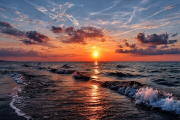 Dramatic sunset over ocean waves