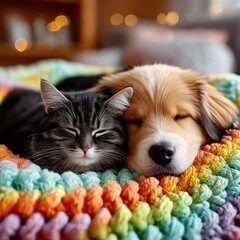 Naklejka na ściany i meble Cozy pets nap on rainbow blanket