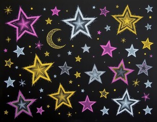 Obraz premium hand drawn pattern of stars and shapes in bright chalk on blackboard background, celebrating raw textures and creative freedom