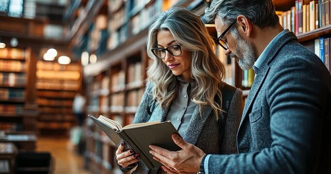 Couple studying together in a library, reading a book.
