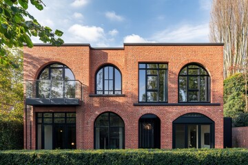 Fototapeta premium The contemporary red brick house features expansive arched windows that stand out beautifully against the lush greenery, all set against the warm glow of a sunny afternoon.