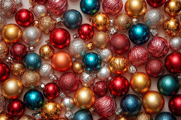 Vibrant metallic ornaments and candies on white surface