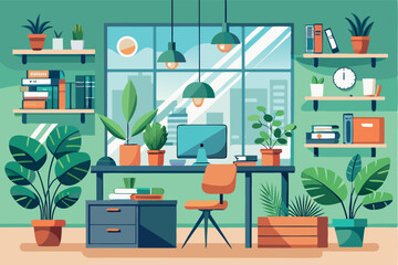 Bright and inviting home office with plants and a modern design in a city setting