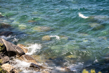 Waters and rocks in the Tahoe lake