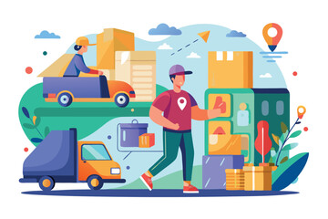 Delivery services in a vibrant urban setting showcasing logistics and transportation activities