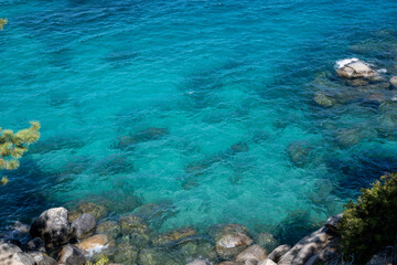 Waters and rocks in the Tahoe lake
