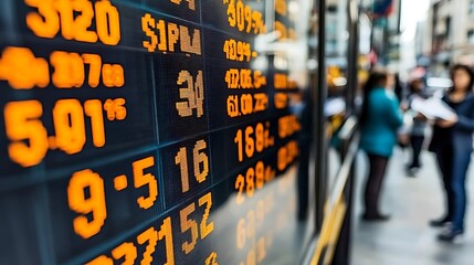 Stock market information display reflects on a busy city street