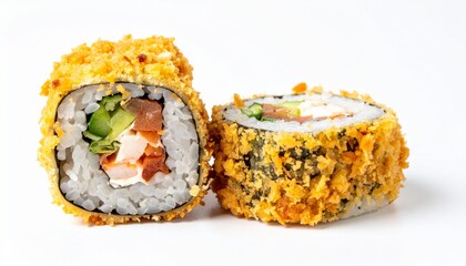 two sushi rolls covered with panko breadcrumbs lying on white background