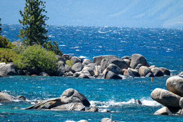 Waters and rocks in the Tahoe lake