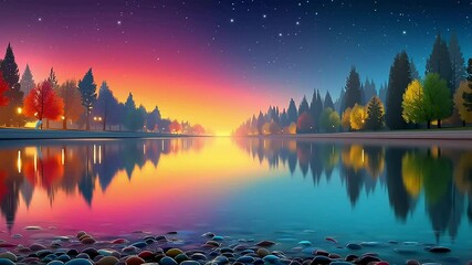 Flowing river with red and blue reflections - Peaceful - Glimmering softly - Scenic valley with abstract stars and dusk glow.  Independence Day - Powered by Adobe