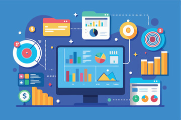 Data analysis dashboard showing charts, graphs, and financial information in a modern workspace setting