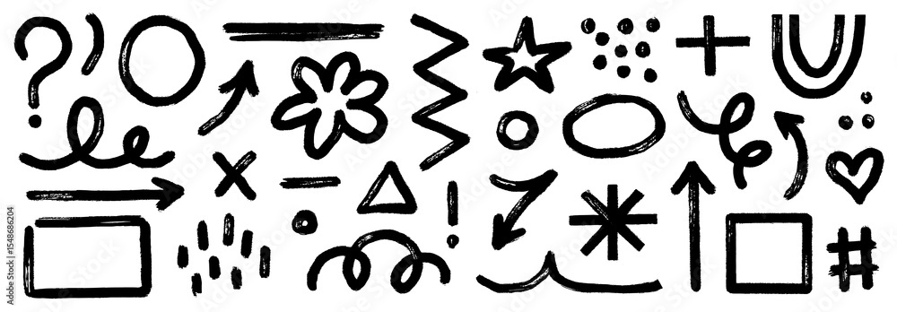Poster Arrow brush asterisk marker line shape set. Hand drawn brush stroke asterisk, arrow, squiggle shape with grunge texture. Abstract sketch paint elements for geometric background. Vector illustration