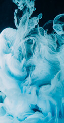 Fog swirl. Art cloud. Blue white color water whirl stream texture. Fantasy twist defocused abstract ink blow curl black background.