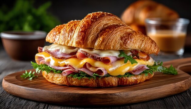 Croissant sandwich on a wooden board