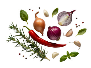 Vibrant red chili pepper with onions garlic and herbs food diet on transparent background
