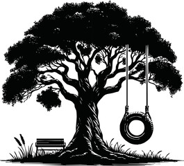 Silhouette of tree with tire swing hanging vector style on white background