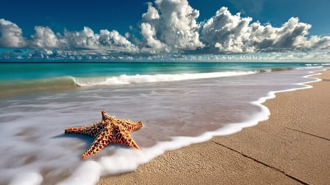 Starfish Beach Bliss: A starfish rests gracefully on a sandy beach, as gentle waves caress the shore. Dramatic cloud formations and the azure ocean create a sense of tranquility. 