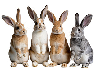Fototapeta premium Adorable brown white grey rabbits standing cute pets fur ears on transparent background
