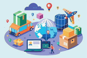 Global logistics and shipping concepts illustrated with trucks, planes, and packages in a modern style