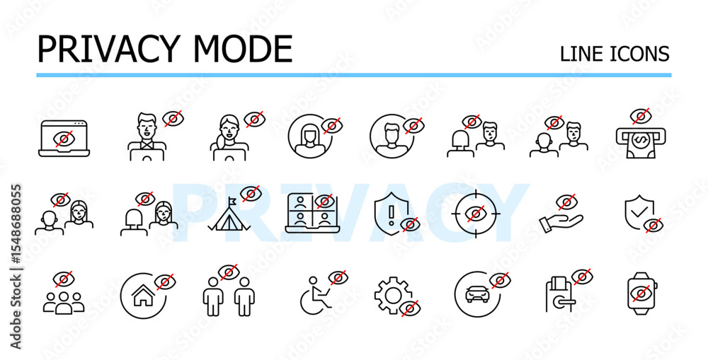 Poster user privacy mode. personal data protection, secure presence. editable stroke vector icons set