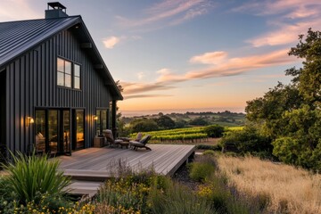 Fototapeta premium Experience the breathtaking sunset view from a sleek, modern home that overlooks sprawling vineyards, all set in a serene countryside oasis during the enchanting golden hour