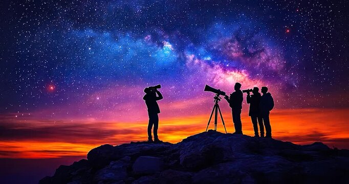 Silhouetted figures gazing at a vibrant night sky filled with stars and the Milky Way, using a telescope on a mountain top at sunset.