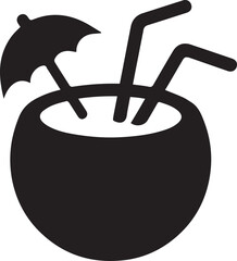 Black Silhouette Coconut Drink Two Straws Small Parasol Summer Beverage Icon Graphic Design Element
