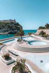 Obraz premium Aerial view of a vibrant skatepark surrounded by fortress walls ideal for skateboarding enthusiasts