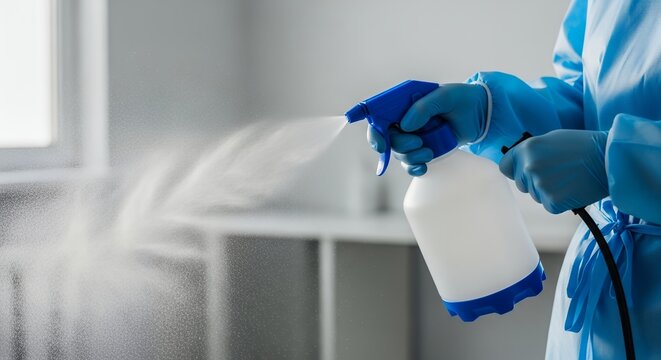 Close-up of healthcare worker spraying disinfectant, sanitizing surfaces to prevent the spread of viruses, promoting hygiene and a germ-free environment for health and safety