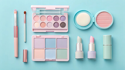 Pastel makeup beauty products flatlay eyeshadow palettes lipsticks brushes on light blue background for cosmetics ad