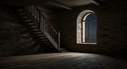 Empty room, Dark room with stone walls window and wooden staircase