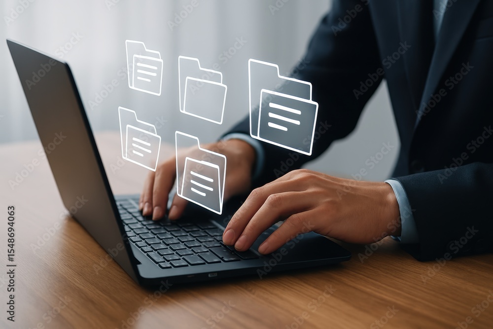 Poster professional hands typing on laptop with graphic representation of digital files and documents sugge