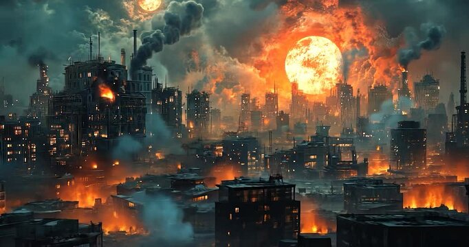 Burning dystopian city at night with a large orange moon.