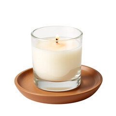 Scented candle in glass holder on ceramic tray for relaxation  