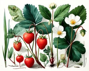 Detailed botanical illustration of strawberries and leaves