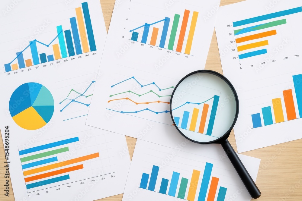 Poster analyzing business growth through colorful charts and graphs with a magnifying glass on a wooden tab