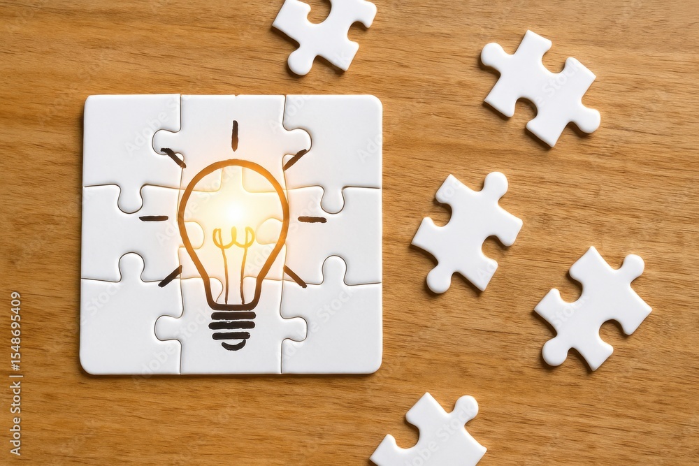 Poster concept of innovative ideas and problem-solving represented by a puzzle piece with a light bulb illu