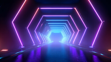 Fototapeta premium Abstract Neon Tunnel With Hexagonal Structure And Glowing Lights
