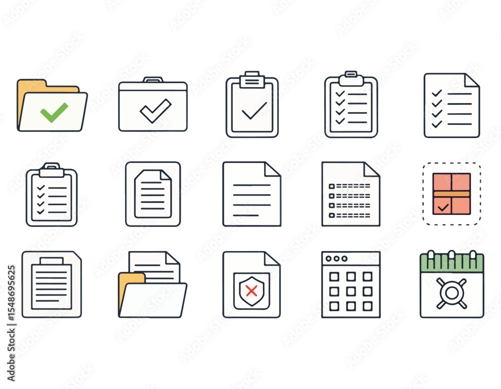 Poster collection of document and checklist icons organization, productivity, and task management symbols